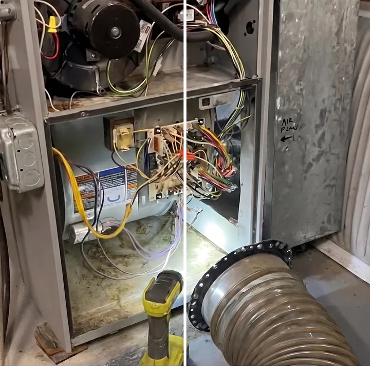 Open furnace with dust and debris in the blower compartment, being cleaned with a vacuum hose