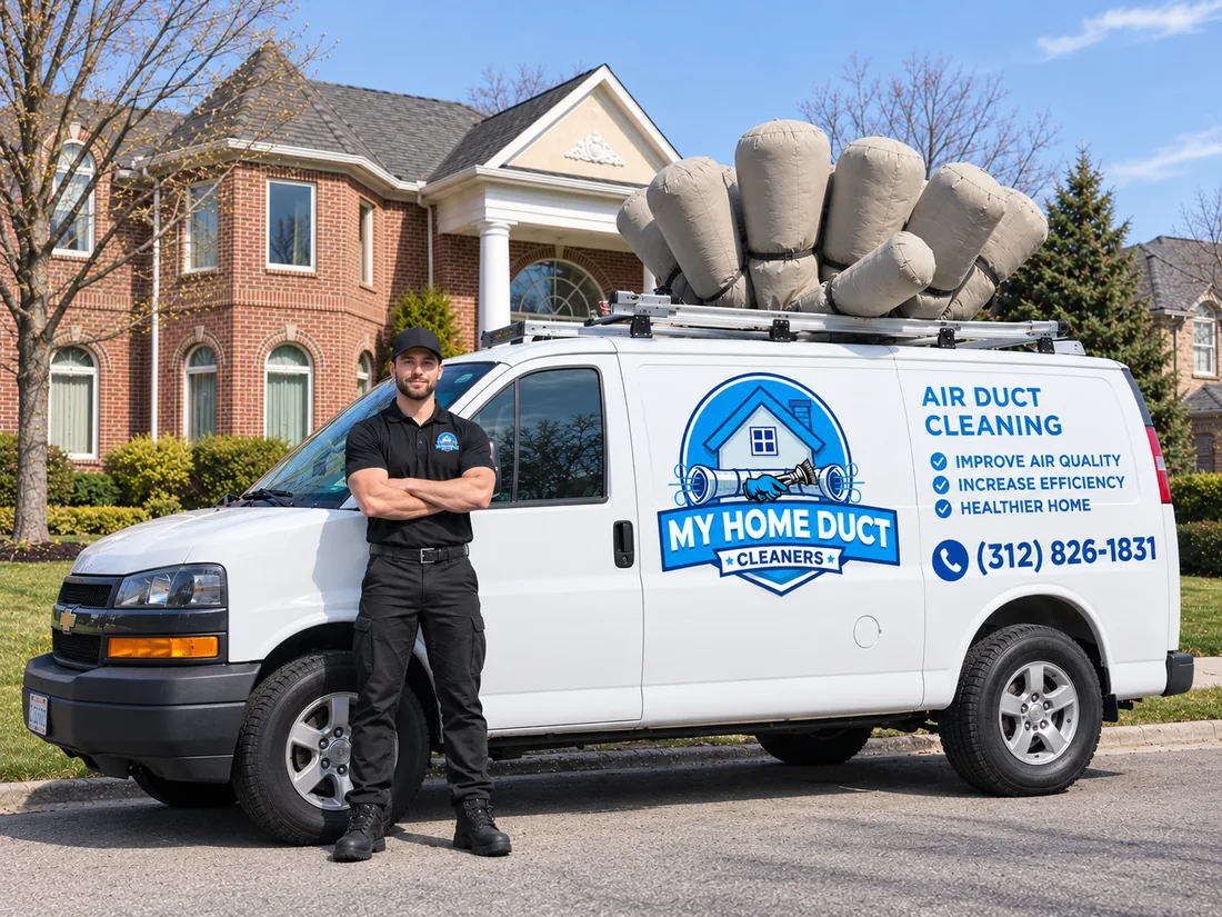 My Home Duct Cleaners technician standing beside the company's air duct cleaning van